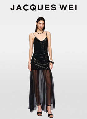 JACQUES WEI 2026新年系列黑色亮片拼接透感巨好看的冬装连衣裙女