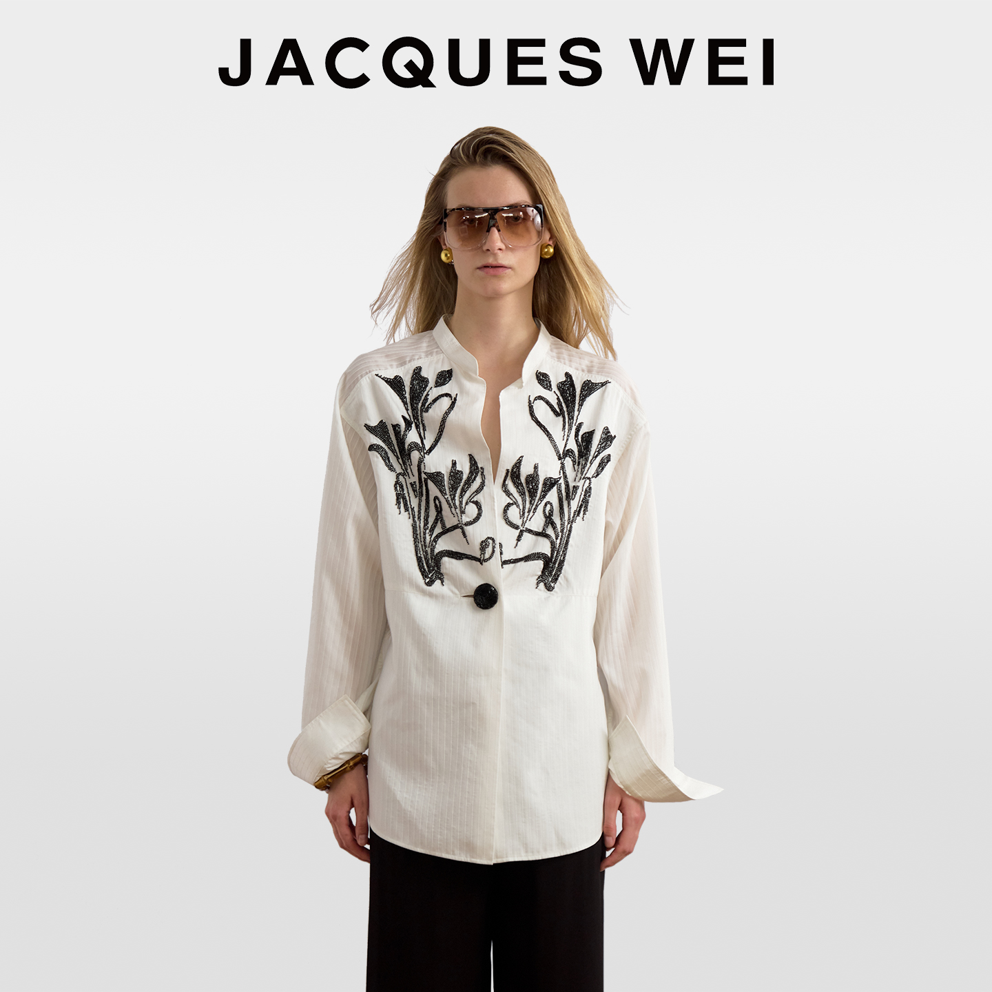 JACQUESWEI条纹钉珠一粒扣衬衫女