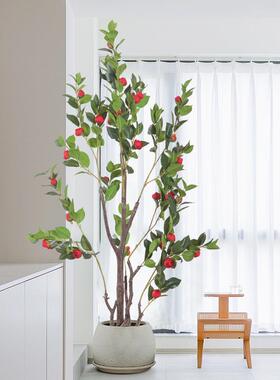 北欧仿真绿植家居客厅红色茶花仿生盆栽摆件橱窗落地装饰造景植物