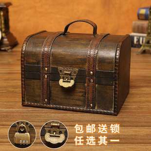 复古木盒子带锁儿童宝藏箱收藏盒百宝箱收纳盒小木箱钥匙密码盒子