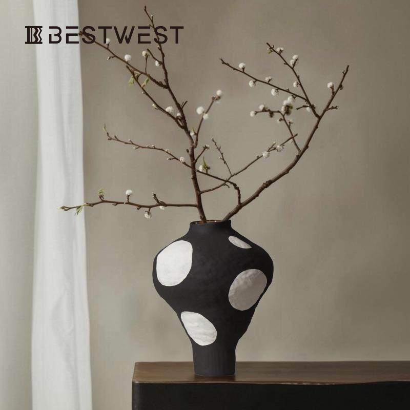Bestwest黑白波点陶瓷手工花瓶现代简约家居软装摆件插花瓶装饰,纺织面料/辅料/配套,纺织机械配件,淘宝优惠券,粉丝福利购,淘宝优惠卷