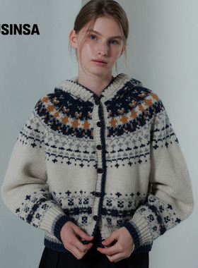 URAGO韩国25冬季女款连帽开衫复古北欧提花连帽毛衣开衫 MUSINSA