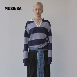 上衣MUSINSA 女宽松长袖 SCULPTOR 韩国25秋冬蓝灰条纹V领polo衫