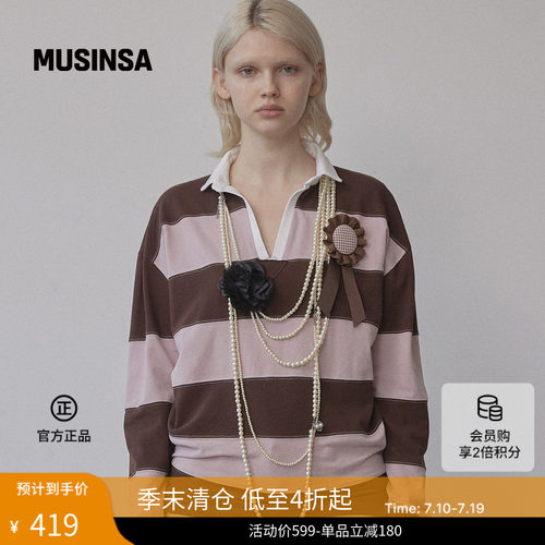 春蓝灰条纹V领polo衫女宽松长袖