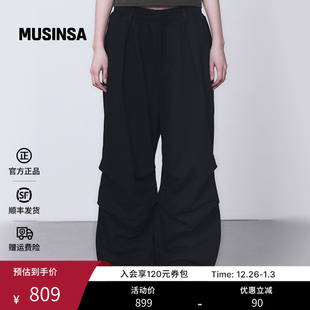 休闲裤 黑色褶皱直筒长裤 MUSINSA 25秋季 TREEMINGBIRD韩国男女同款