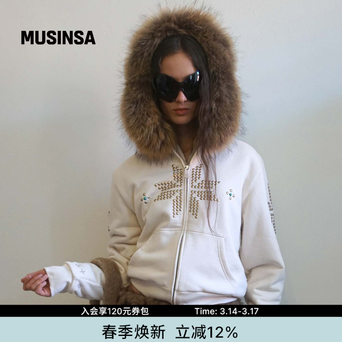 SCULPTOR 韩国春季毛领连帽外套钉珠装饰复古卫衣MUSIN