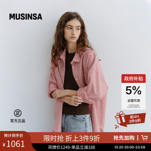 URAGO韩国26年新品女士经典翻领宽松慵懒风格纹卷袖衬衫MUSINSA