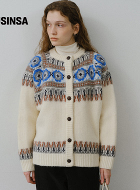 URAGO韩国女士25秋北欧风复古慵懒圣诞居家圆领提花开衫MUSINSA