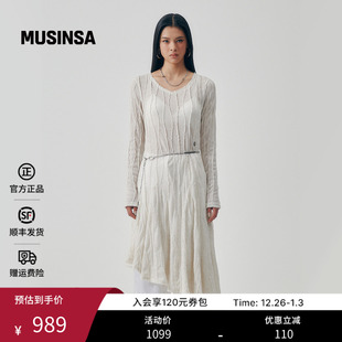 TREEMINGBIRD韩国女士25秋季 黑色优雅灵动褶皱气质连衣裙MUSINSA