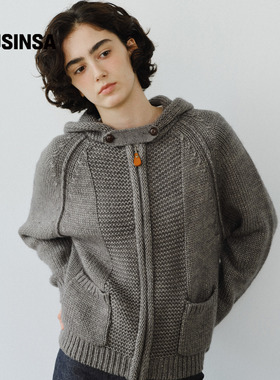 URAGO韩国25秋冬复古针织连帽拉链衫秋冬宽松加厚毛衣外套MUSINSA