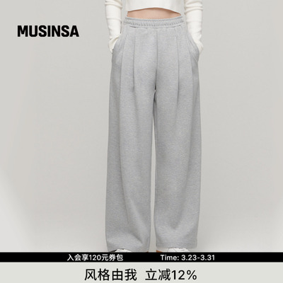 女士高腰双褶宽版直筒休闲卫裤