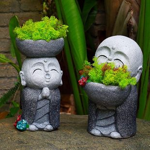 禅意园艺小沙弥仿石雕落地摆件 饰小和尚多肉花盆日式 新中式 花园装