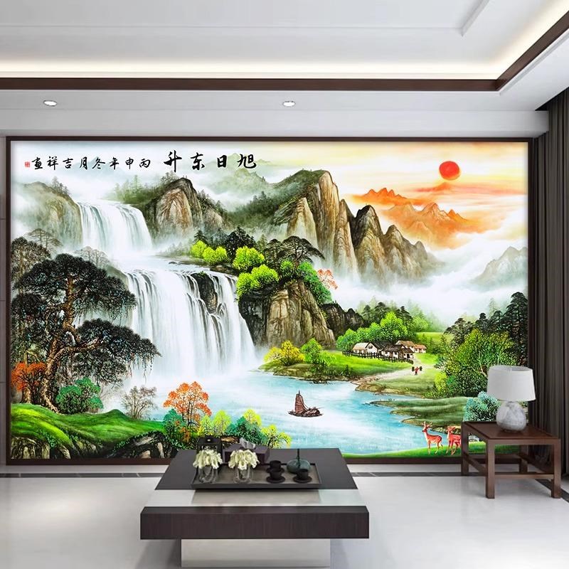 定制中式客厅电视背景墙壁布8d立体凹凸壁画山水影视墙布2Z025新