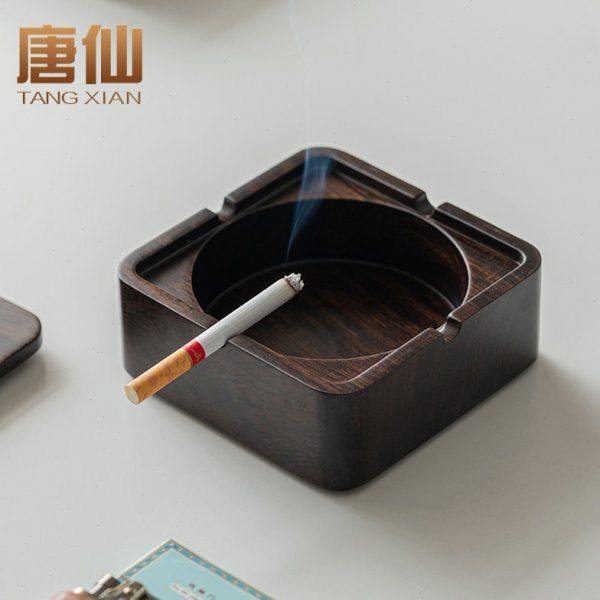 黑檀木烟灰缸创意客厅家用中式个性复古实木质潮流烟缸带盖防飞灰