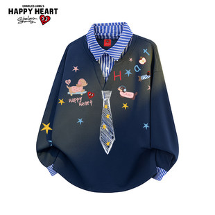 查尔斯桃心涂鸦领带假两件衬衫领加绒卫衣男春秋冬季情侣休闲上衣