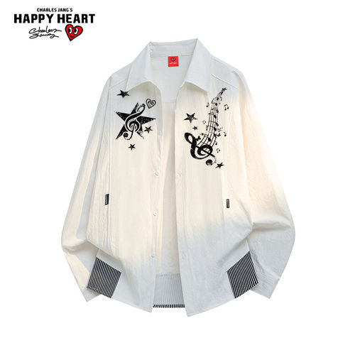 查尔斯桃心星星印花长袖衬衫男女春秋季宽松肌理高街复古潮牌上衣