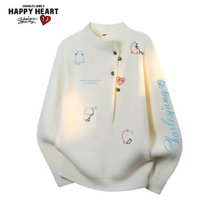 查尔斯桃心小猫印花半高领针织衫上衣男冬季新款休闲保暖情侣毛衣