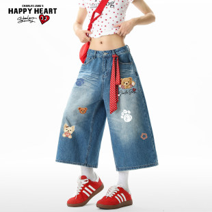 查尔斯桃心牛仔短裤夏季宽松阔腿裤子美式复古童趣风情侣七分裤潮