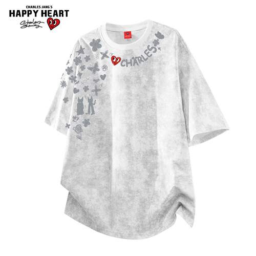 查尔斯桃心 扎染花卉涂鸦宽松休闲透气圆领短袖男女潮牌打底上衣