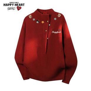 查尔斯桃心马年小猫半高领毛衣男女冬季2026新款红色情侣针织衫潮