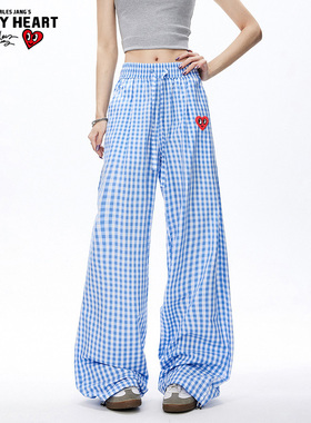 查尔斯桃心裤子男女同款户外运动纯棉透气格子直筒阔腿抽绳休闲裤