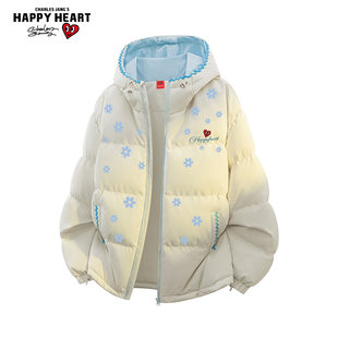 查尔斯桃心冬季氛围感雪花印花连帽棉服男女加厚保暖宽松棉衣外套