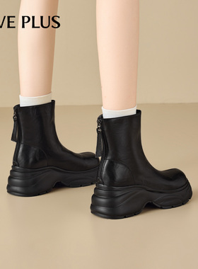 FIVE PLUS黑色厚底短靴女2025冬季新款增高百搭瘦瘦靴厚底时装靴