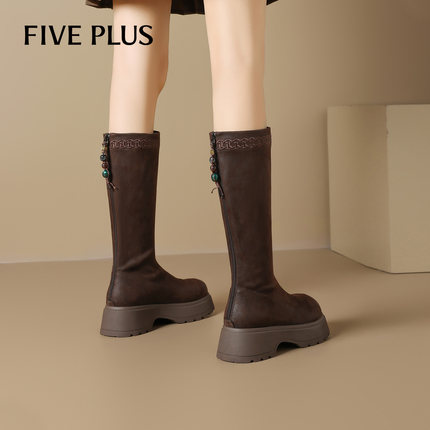 FIVE PLUS串珠长筒靴女2025冬季新款高筒靴不过膝骑士靴厚底靴子
