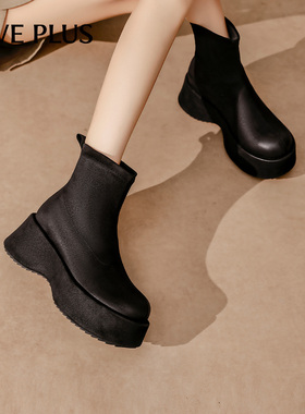 FIVE PLUS黑色厚底短靴女2025冬季新款增高百搭瘦瘦靴户外时装靴