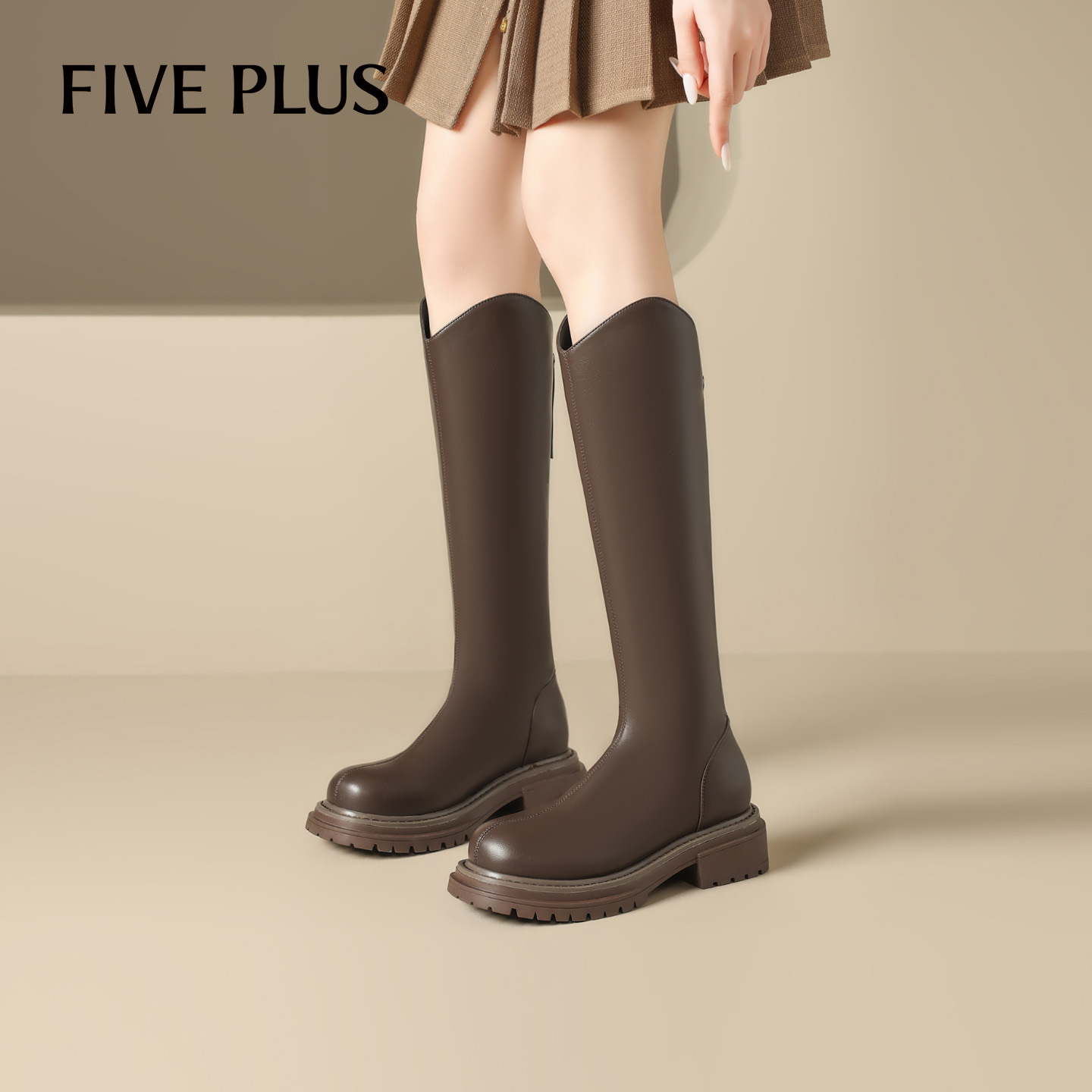 FIVEPLUS棕色显瘦长筒靴女
