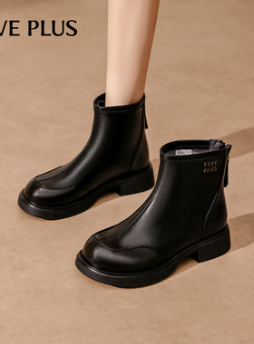 FIVE PLUS厚底短靴女2025冬季新款粗跟黑色马丁靴增高百搭瘦瘦靴