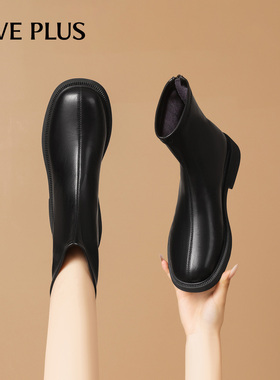 FIVE PLUS复古增高黑色短靴女2025冬季新款粗跟瘦瘦靴百搭时装靴