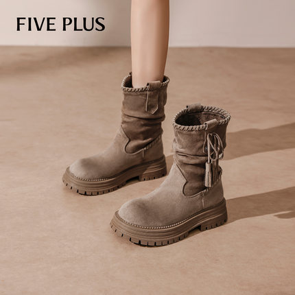 FIVE PLUS绒面流苏堆堆靴女2025冬季新款厚底西部靴美拉德短靴子