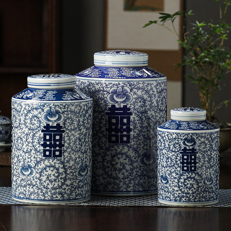 帛画青花瓷喜字罐花瓶结婚陶瓷罐景德镇喜字陶瓷花瓶中式陶瓷摆件