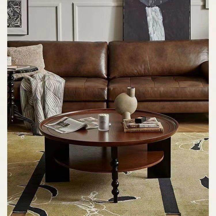 法复61281023古实木几圆形美式茶桌家式用小桌子客小户型茶厅茶几