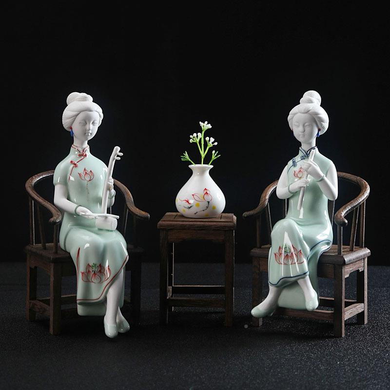 典陶人物仕女摆件德摆OWW化陶瓷创意瓷古工艺品软装饰品玄关酒柜