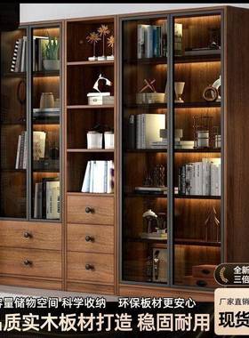 中式全实木书门带玻璃落地靠墙储物柜子柜客厅展HIB示柜一体墙整