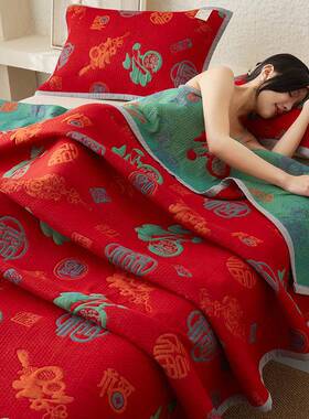 纯棉双层床纱人红色百IXE福床盖单件全棉纱布命单罩结婚本年送老