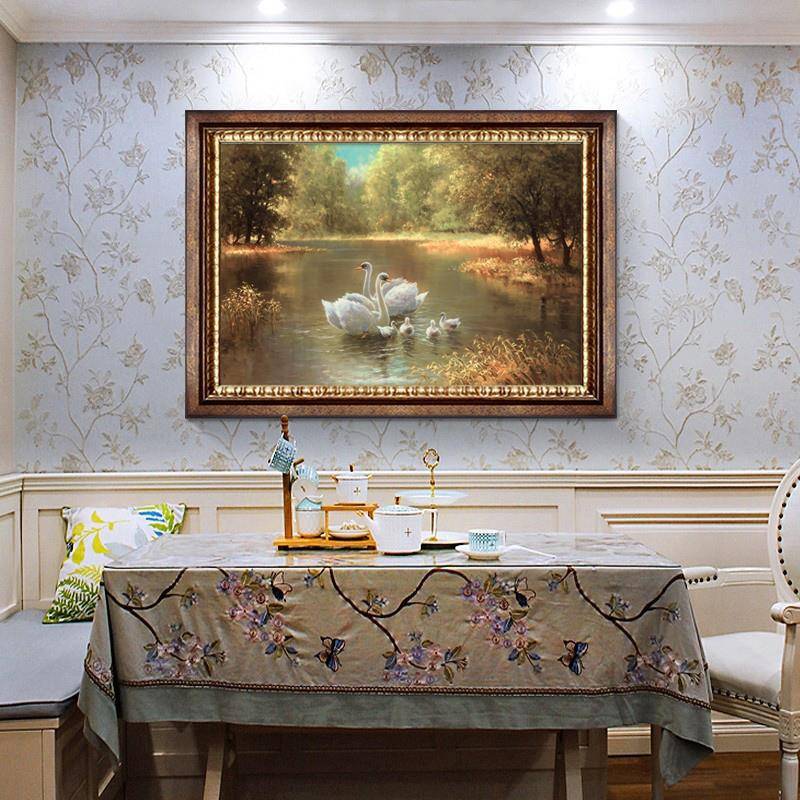白天鹅壁画美式餐厅装饰画现代简美饭厅餐桌墙面挂画卧室床头画图片