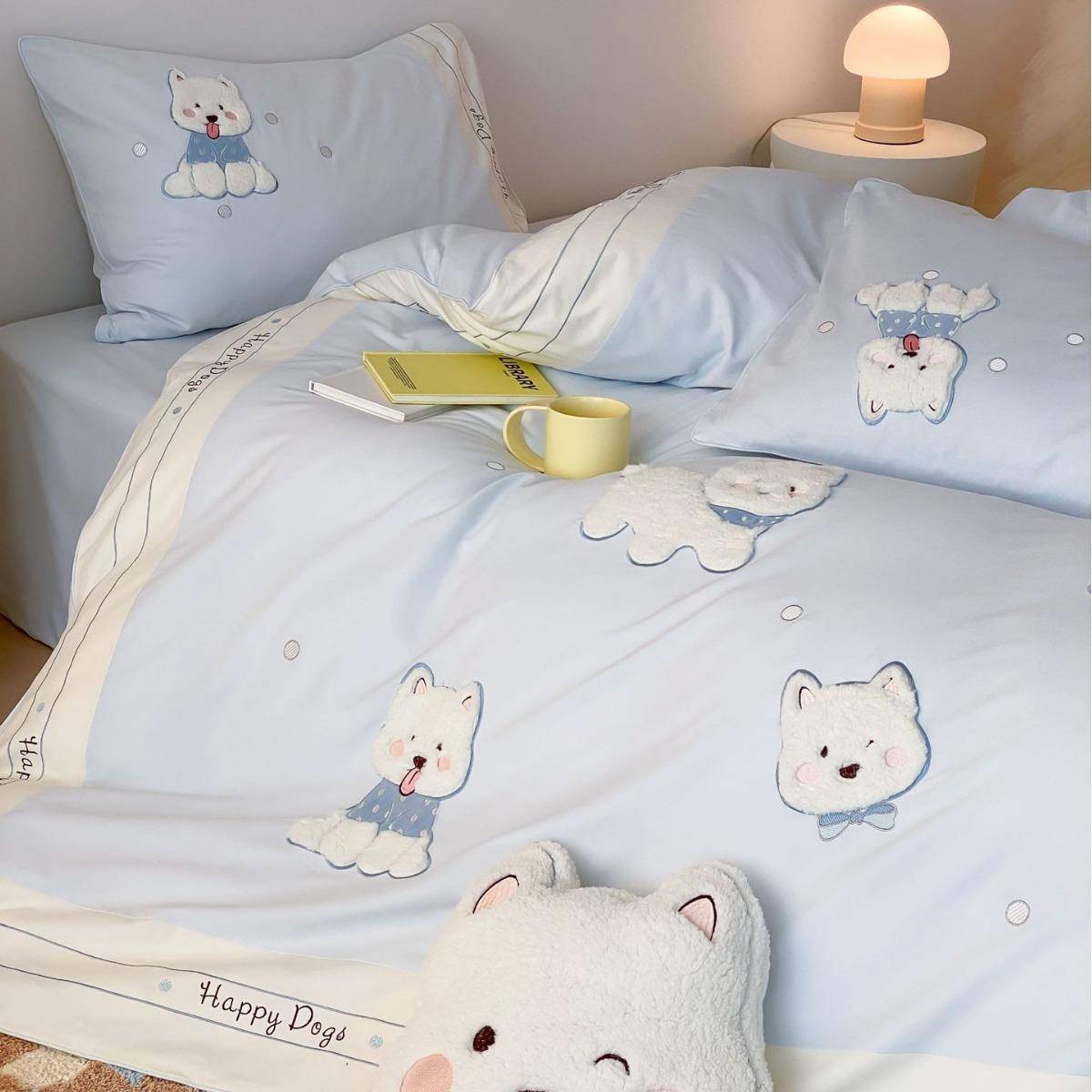 可爱修狗全棉磨毛柔贴布刺绣四件卡套通软纯卧室BMT床棉上用品