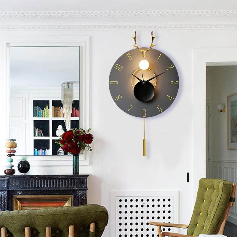 轻时奢镀铜鹿头钟客厅休闲吧个性摇饰摆壁挂钟YX鹿头钟尚时网红静