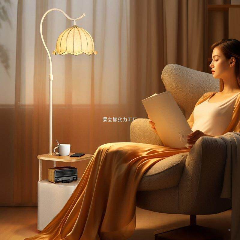 法式立头柜落地灯实木置物架一体式台灯古床风卧室氛围茶几933中