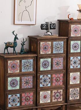 美式复古实木储物柜厅抽客屉质式收纳柜彩绘斗柜卧室木柜置OPG物T