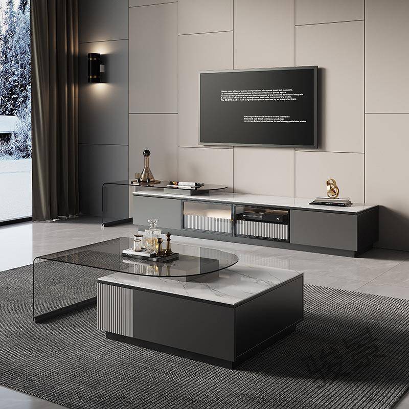 F轻客奢岩板茶几电视柜组合小户型意式S极简可3077伸缩柜设计地师