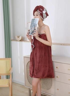 U3Q时尚韩版瑚绒可穿式浴巾发帽水裹胸干浴袍79312女吸珊居家浴裙