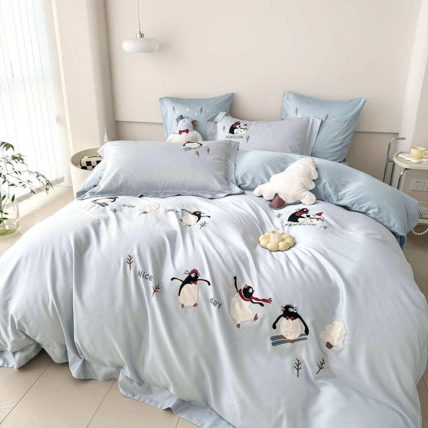 1小清新全棉10罩0支长绒棉2企鹅刺绣FJ儿童纯棉.m被床单送抱枕