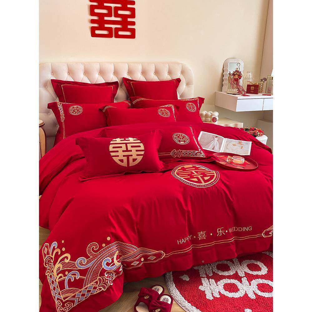 中式龙刺绣大红色婚庆四件套新嫁纯棉凤六件床单被套10022451陪床