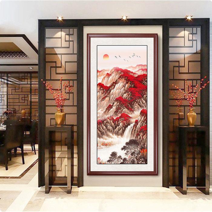 迎客松国画XPZ成品中新式画山水入户玄关装饰画版走廊竖过道实木