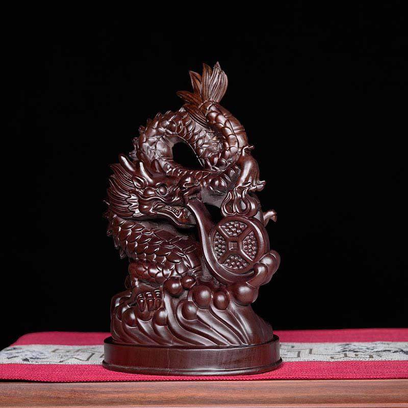 实木雕龙摆件中式刻十吐二生肖WS-86359祥龙金家居厅装饰新居送礼