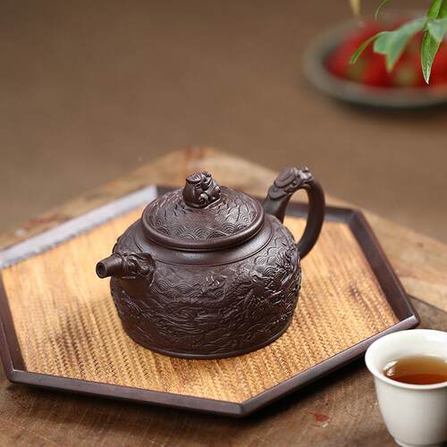 名龙宜兴家紫砂壶手工茶原矿紫泥腾四海德钟ZD-H1448茶壶浮雕大容